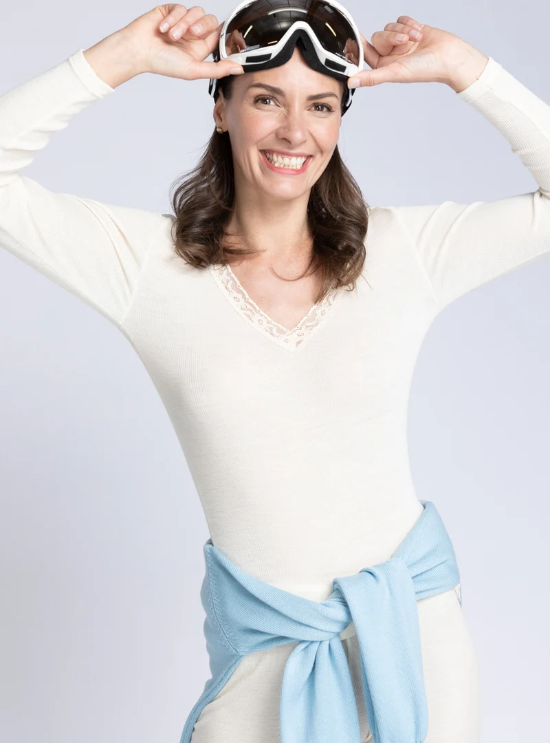 Tee-shirt manches longues femme laine et soie fine broderie blanc naturel