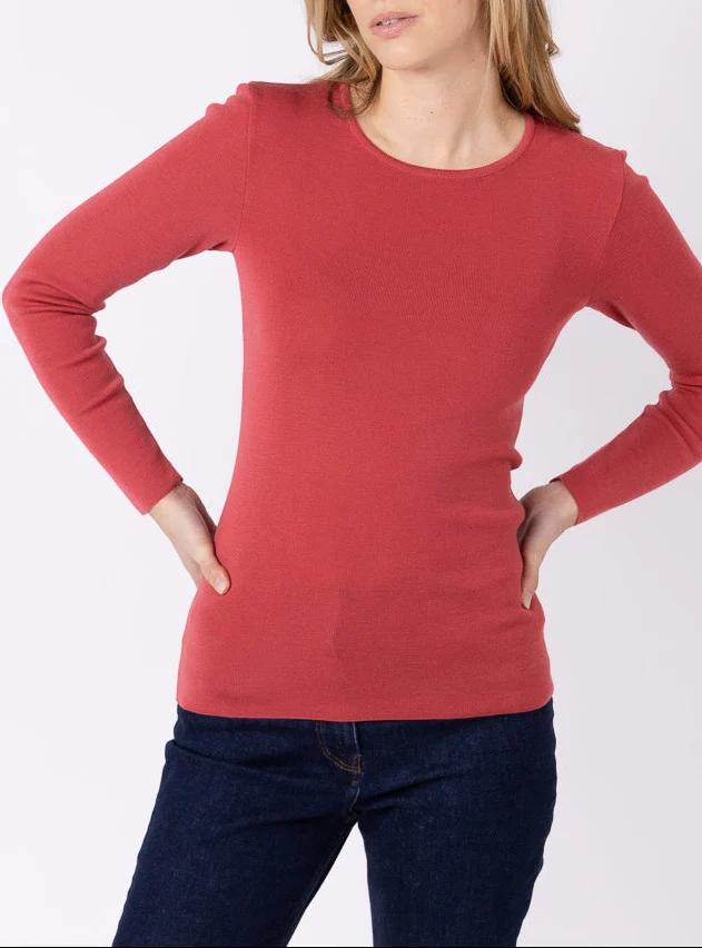 Tee-shirt thermique manches longues femme en laine merinos rouge tendre