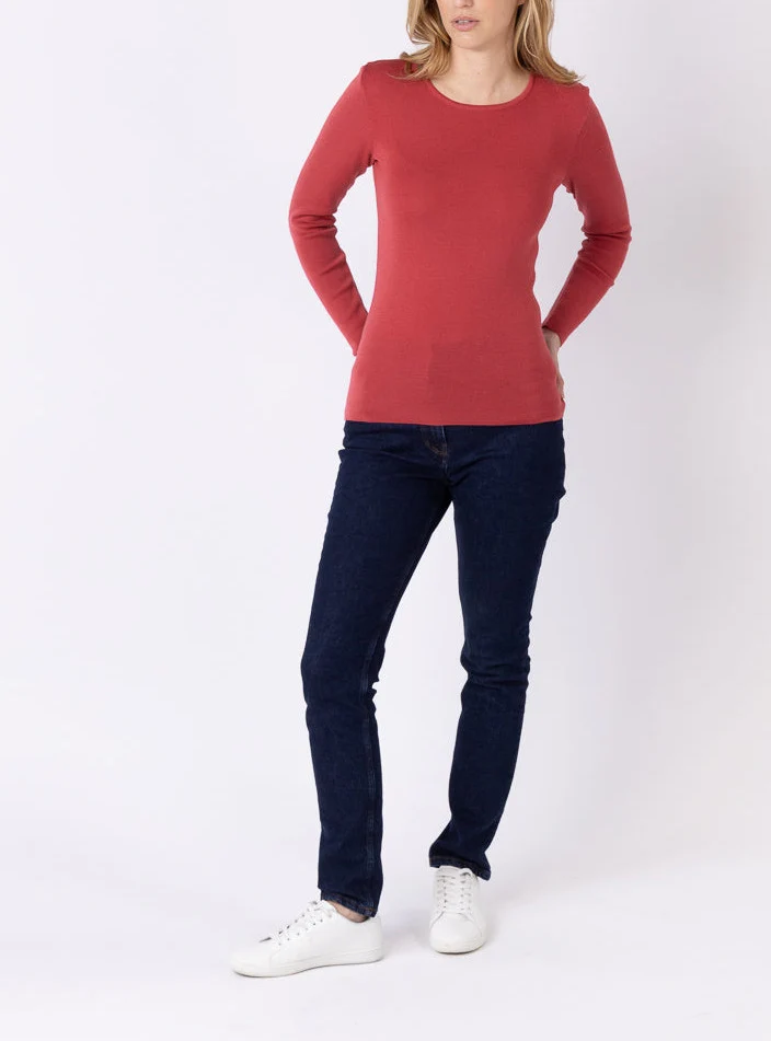 Tee-shirt thermique manches longues femme en laine merinos rouge tendre