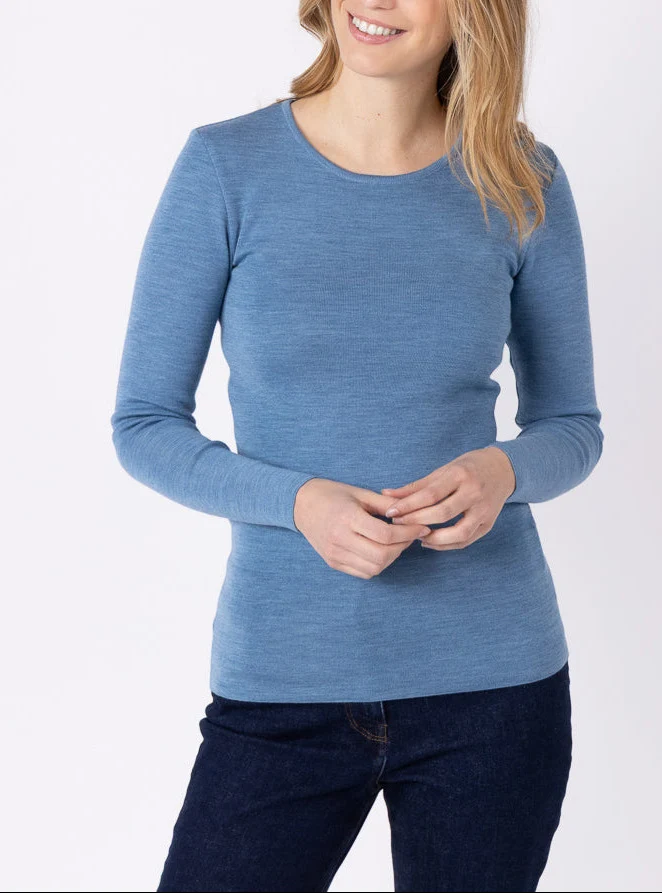 Tee-shirt thermique manches longues femme en laine merinos bleu nordique