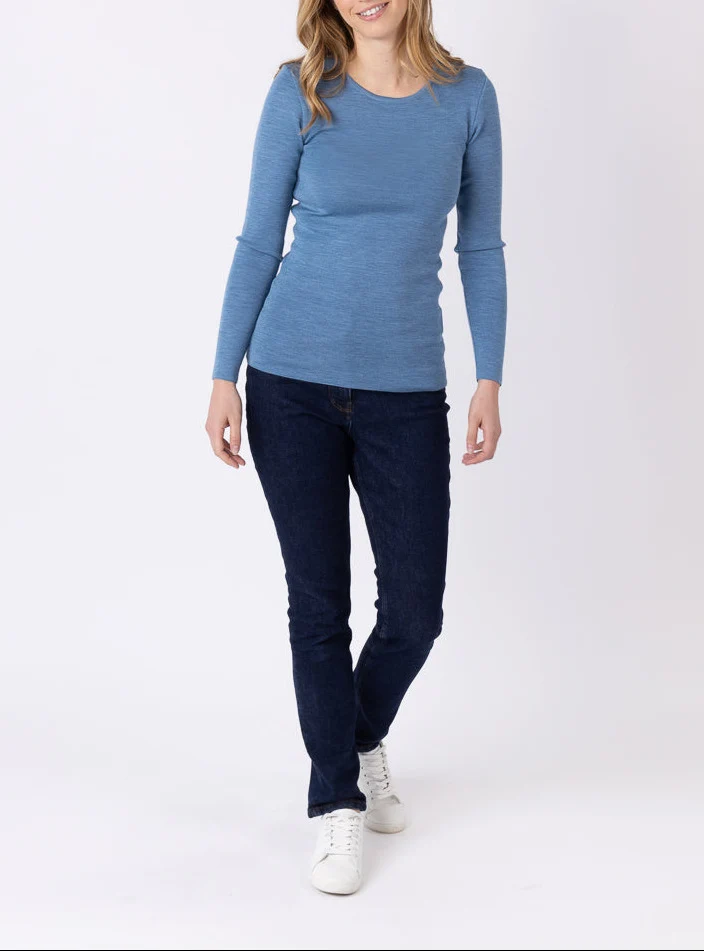 Tee-shirt thermique manches longues femme en laine merinos bleu nordique