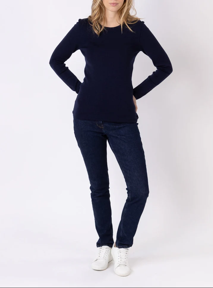 Tee-shirt thermique manches longues femme en laine merinos bleu marine