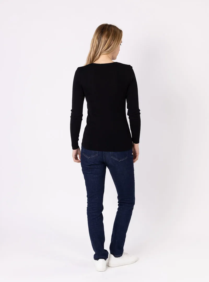 Tee-shirt thermique manches longues femme en laine merinos noir