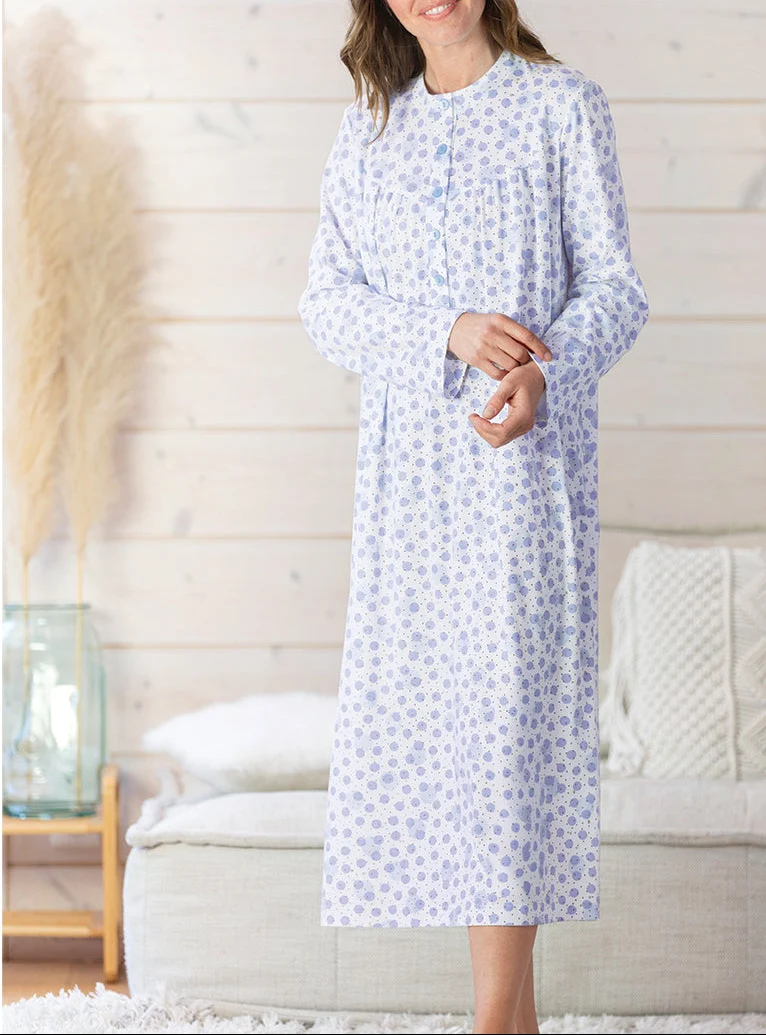 Chemise de nuit femme imprimée en coton pois bleus