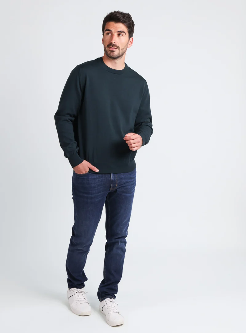 Pull homme col rond laine merinos Vert Sombre
