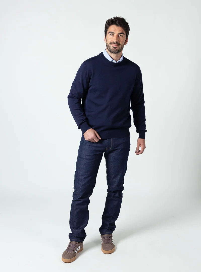 Pull homme col rond laine merinos Bleu Marine