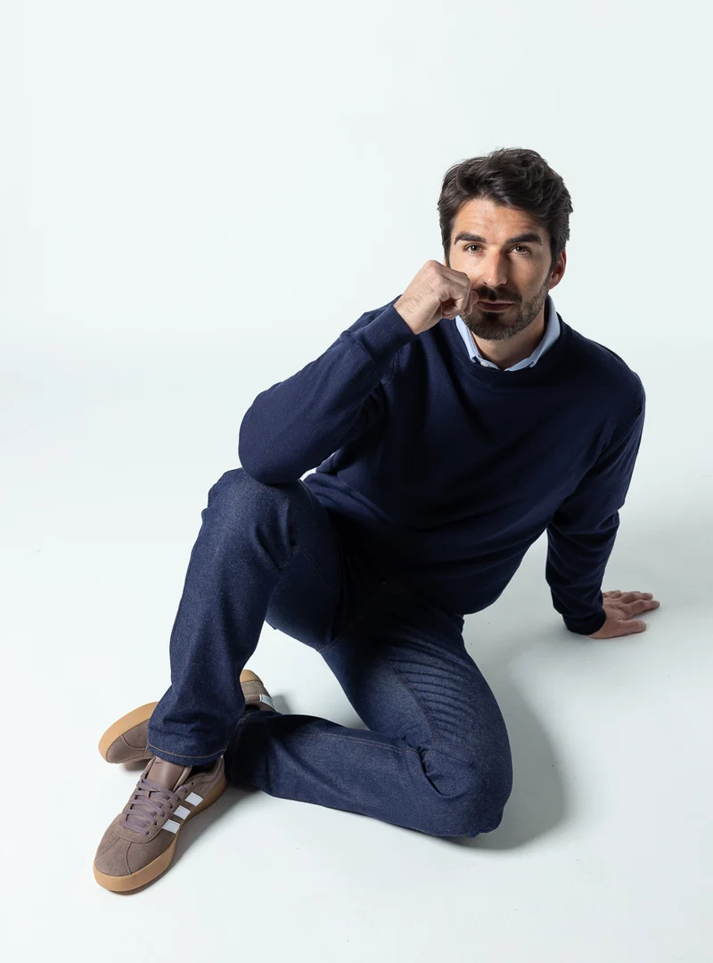Pull homme col rond laine merinos Bleu Marine