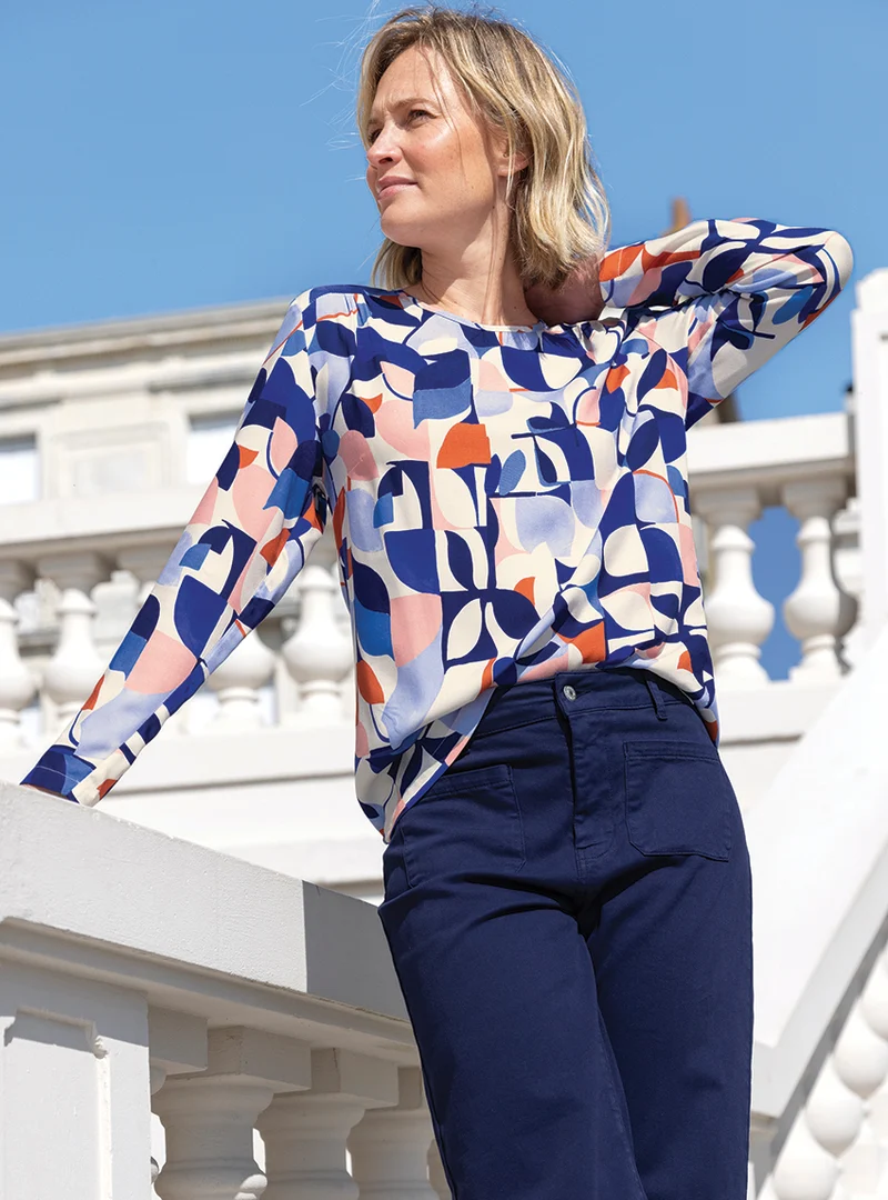 Blouse femme imprimé 100% viscose bleu élégant