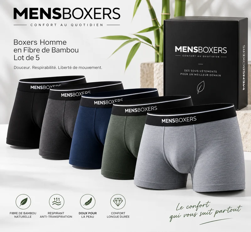 Boxers Homme en Fibre de Bambou – Lot de 5