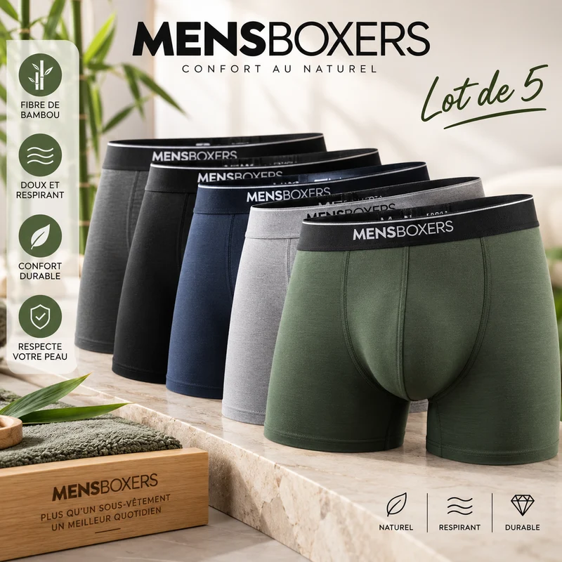 Boxers Homme en Fibre de Bambou – Lot de 5