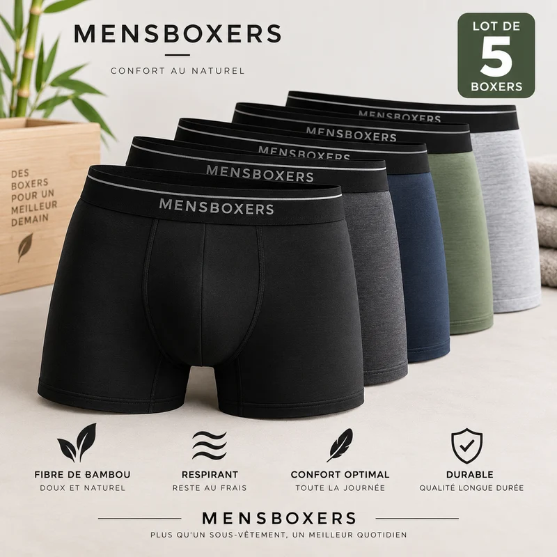 Boxers Homme en Fibre de Bambou – Lot de 5
