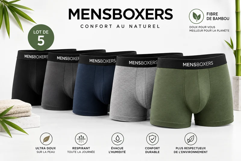 Boxers Homme en Fibre de Bambou – Lot de 5