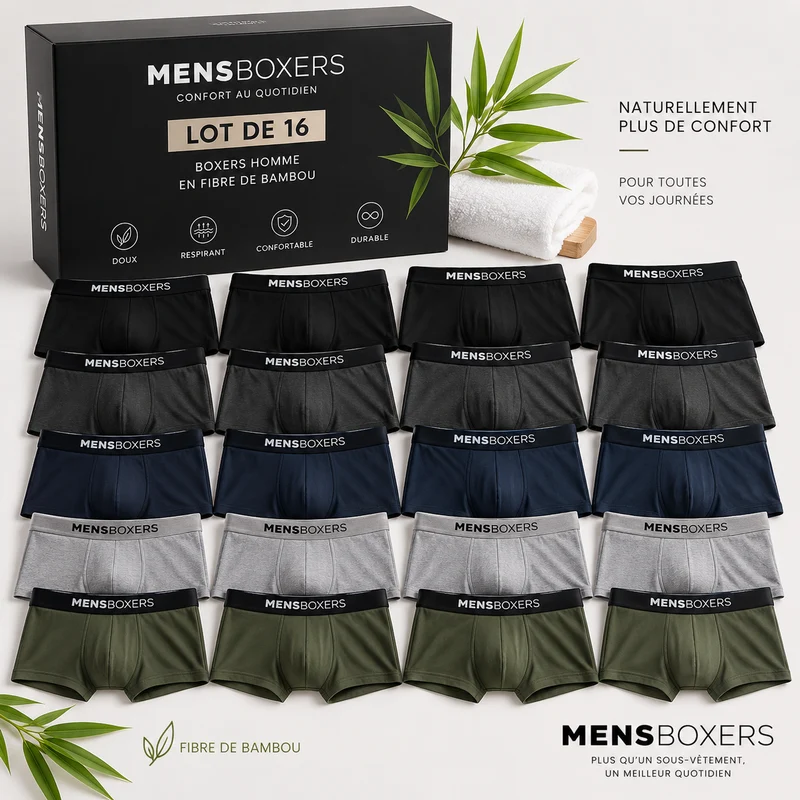 Boxers Homme en Fibre de Bambou – Lot de 16