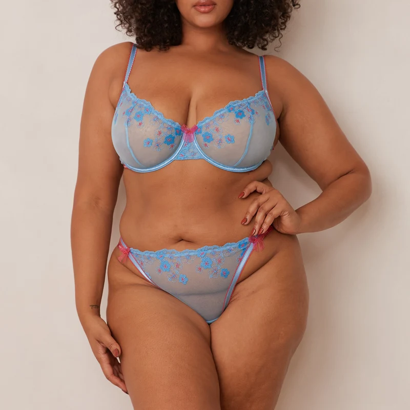 Floral Embroidered Balcony Soutien-Gorge - Bleu