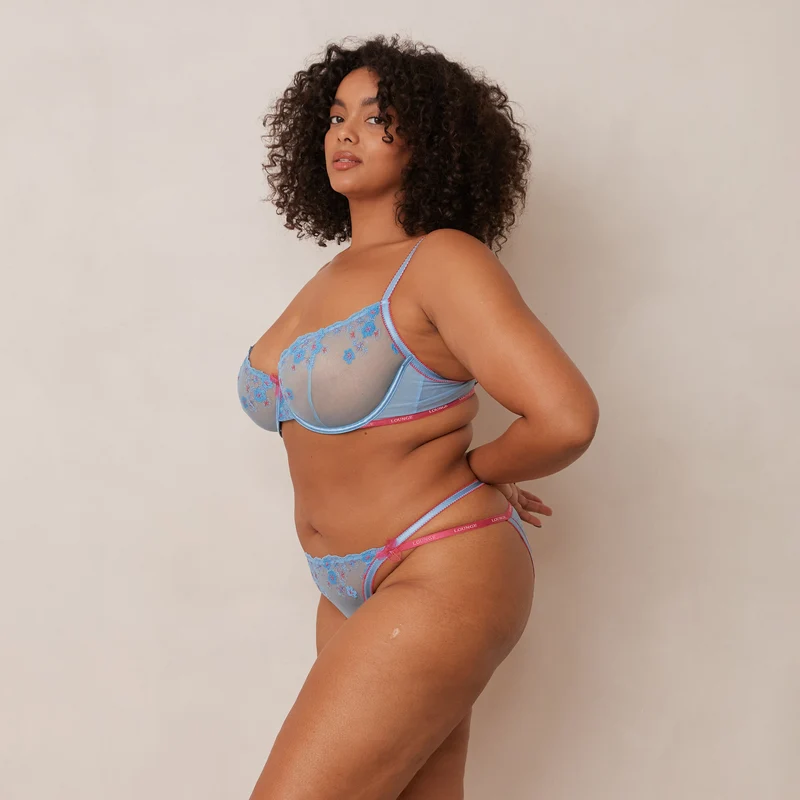 Floral Embroidered Balcony Soutien-Gorge - Bleu