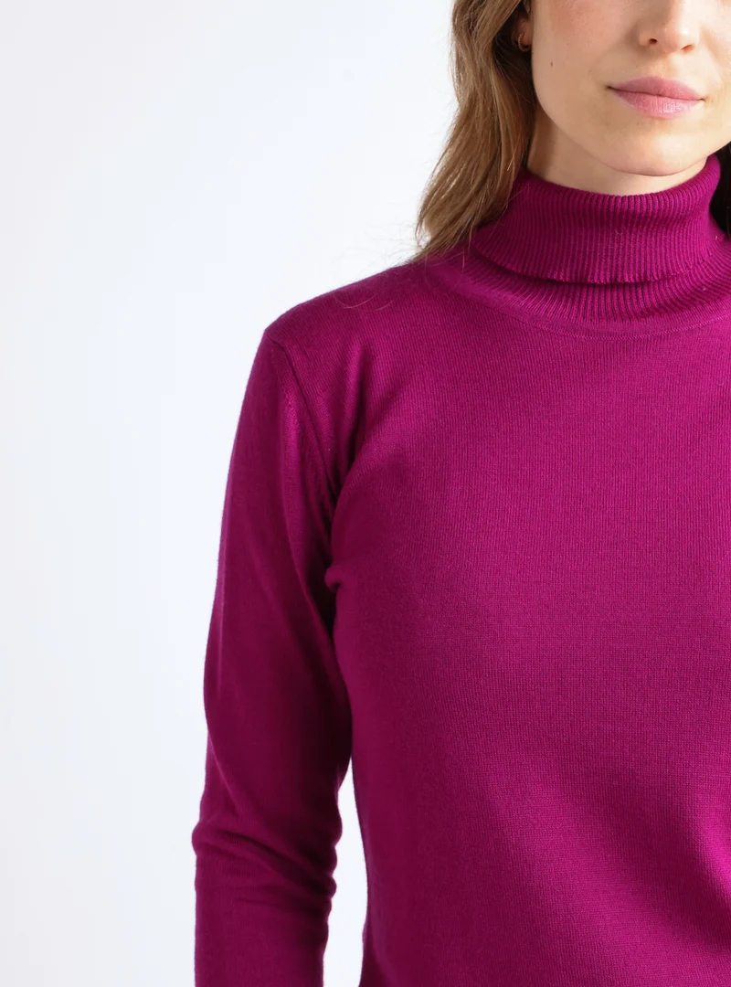 Pull femme col roulé en laine mérinos violet améthyste