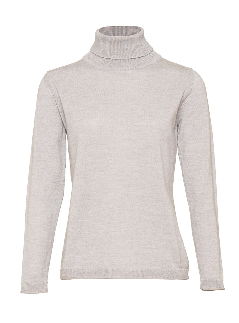 Pull femme col roulé en laine mérinos gris givré