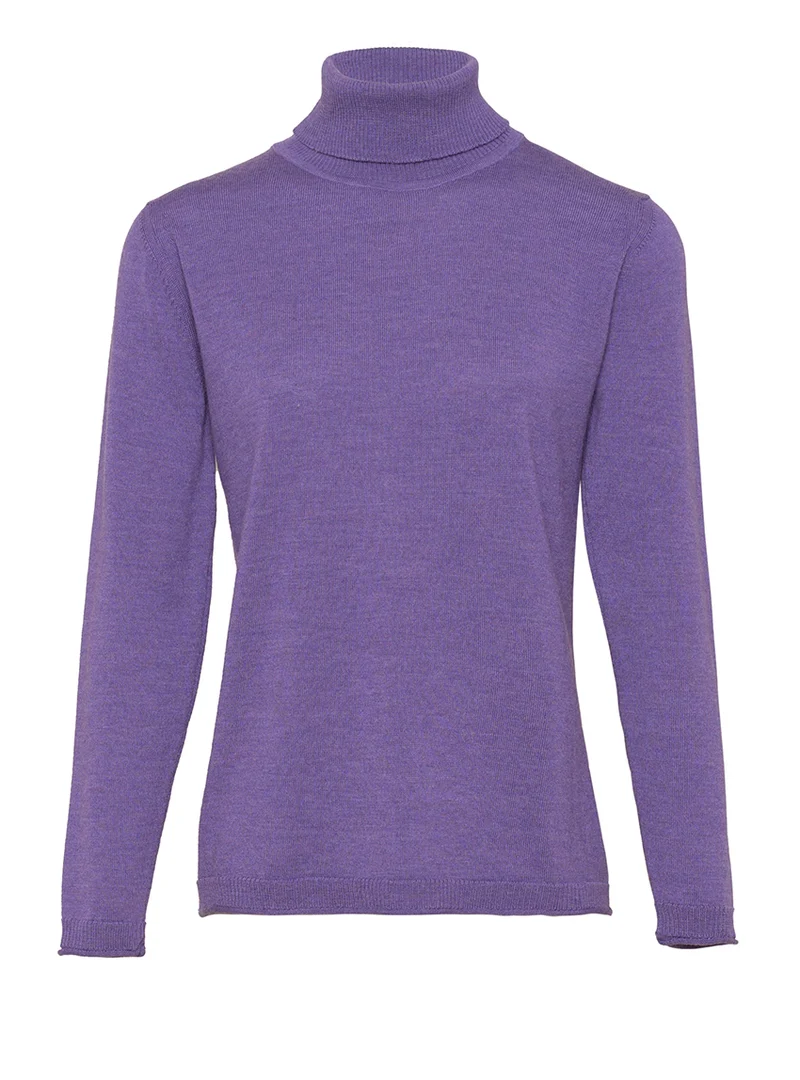 Pull femme col roulé en laine mérinos violet foncé