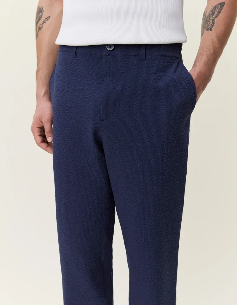 Les Deux Seersucker Suit Pants Dark Navy Blue