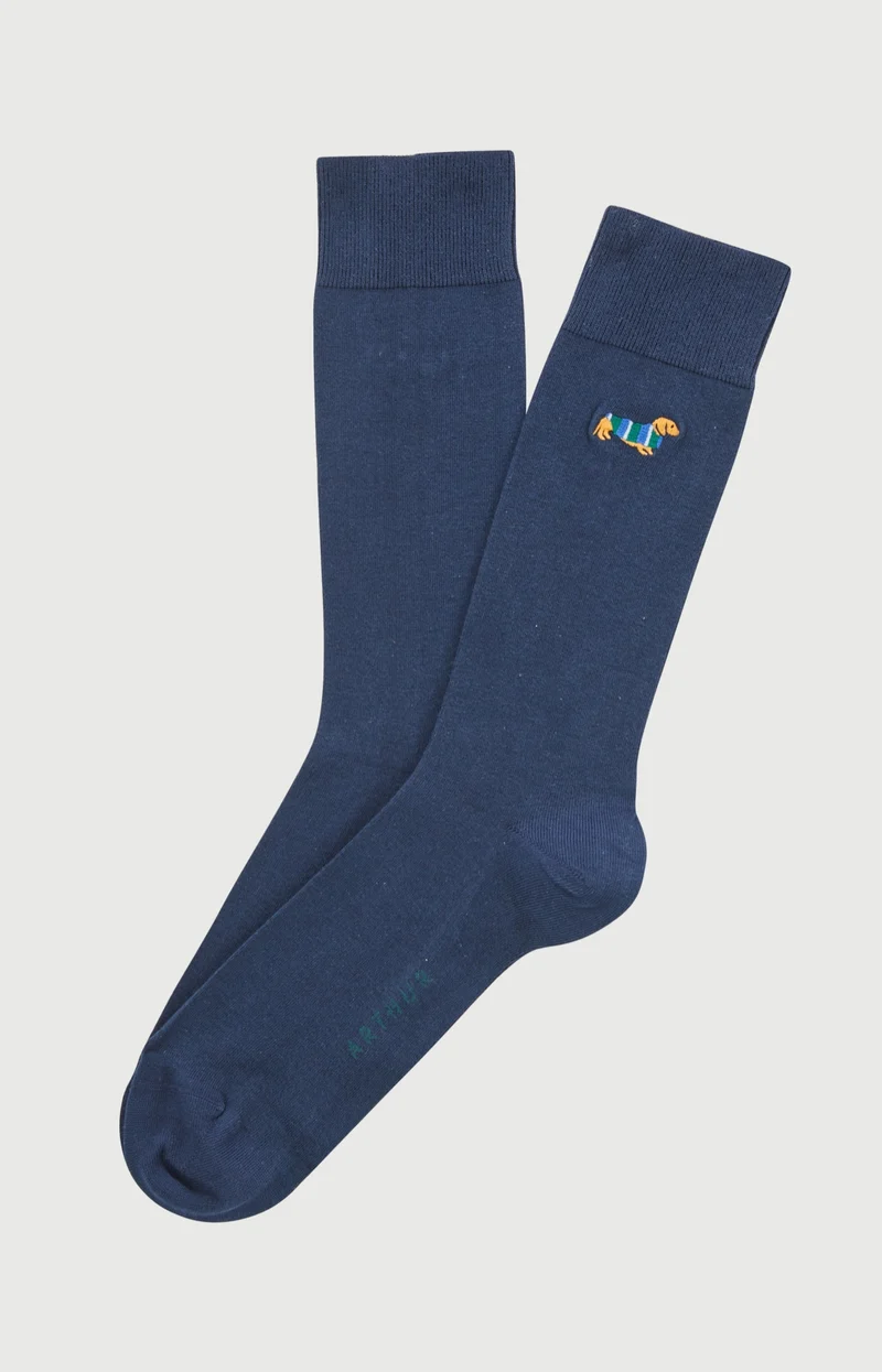 Chaussettes brodées en coton - Teckel Marine