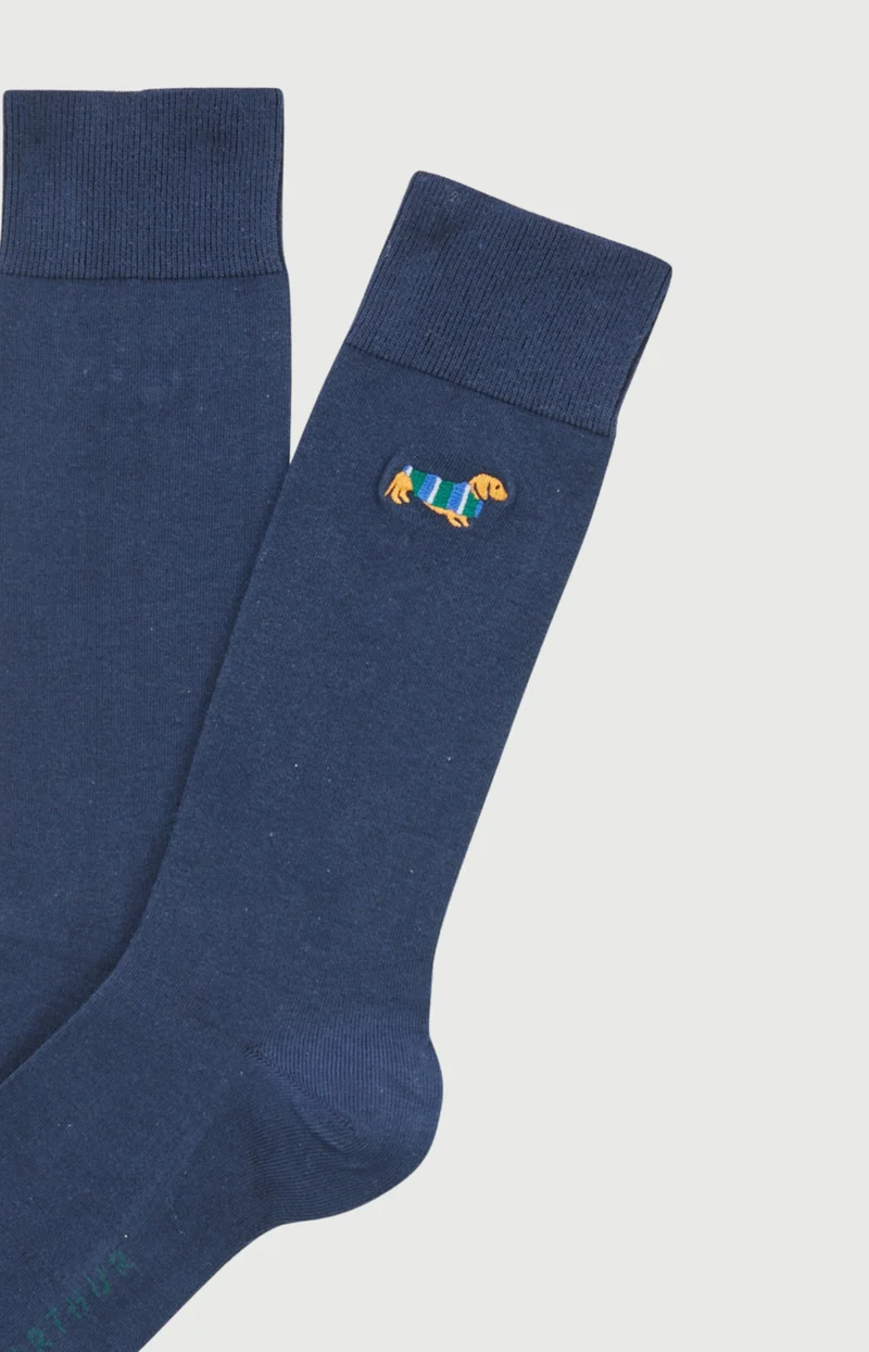 Chaussettes brodées en coton - Teckel Marine
