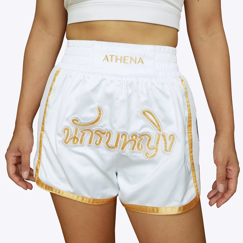 ATHENA FIGHTWEAR ARTEMISIA MUAY THAI SHORTS (WHITE / GOLD)