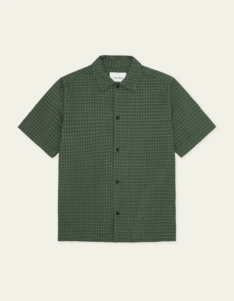 Les Deux Check Seersucker SS Shirt Pine Green