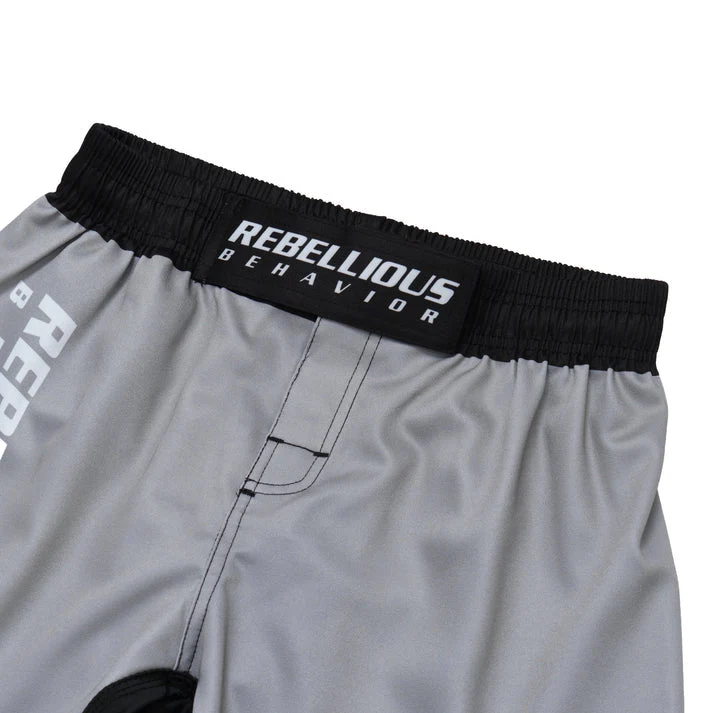 REBELLIOUS BEHAVIOR RBLS SP LOGO FIGHT SHORTS (SILVER)