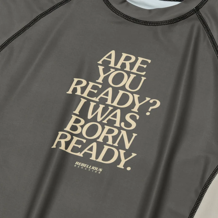 REBELLIOUS BEHAVIOR ARE YOU READY? HALF RASH GUARD (BROWN)