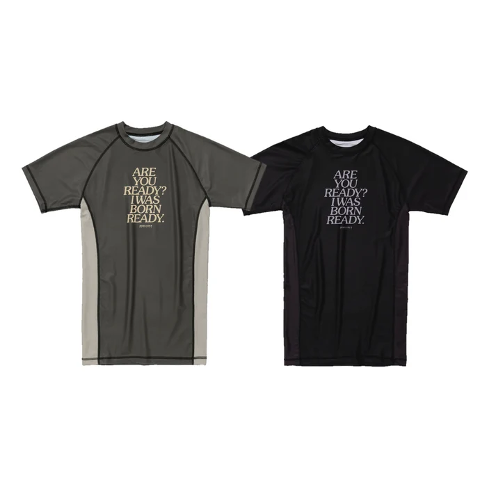REBELLIOUS BEHAVIOR ARE YOU READY? HALF RASH GUARD (BROWN)