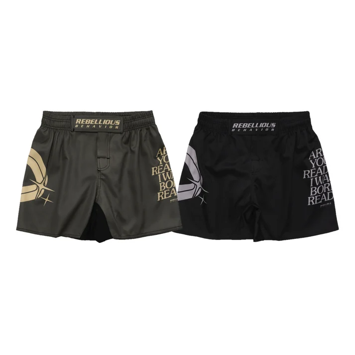 REBELLIOUS BEHAVIOR ARE YOU READY? FIGHT SHORTS (BROWN)