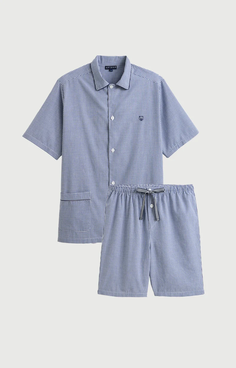 Pyjama court boutonné en popeline de coton - Vichy