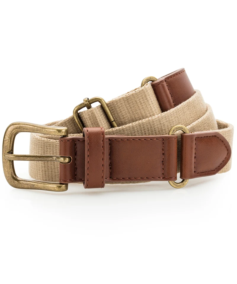 Khaki - Faux leather and canvas belt