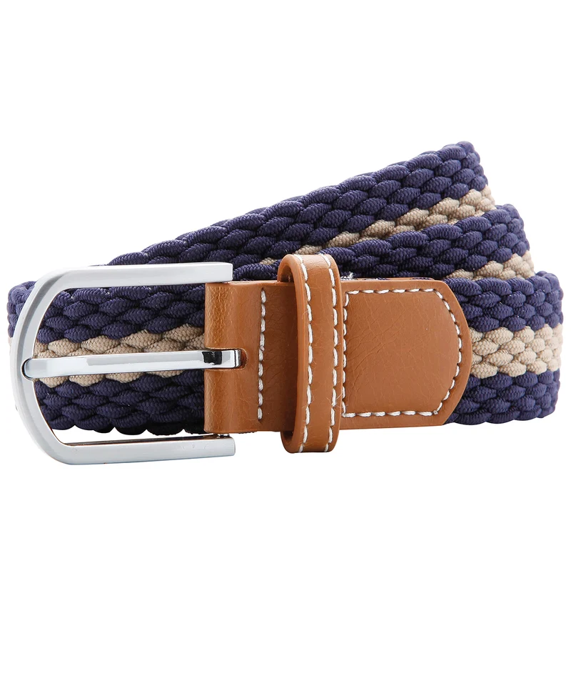Navy/Khaki - Two-colour stripe braid stretch belt