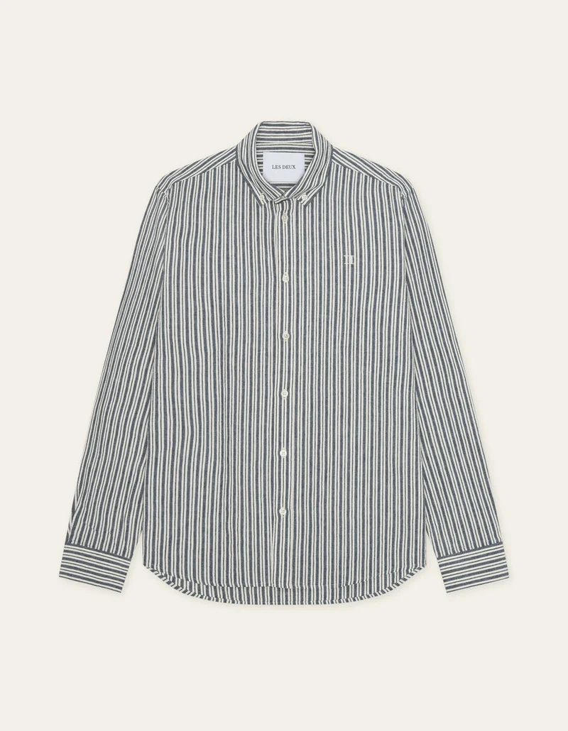 Les Deux STRIPE COTTON LINEN L/S SHIRT Dark Denim Blue
