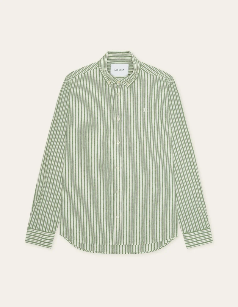 Les Deux STRIPE COTTON LINEN L/S SHIRT Artichoke Green