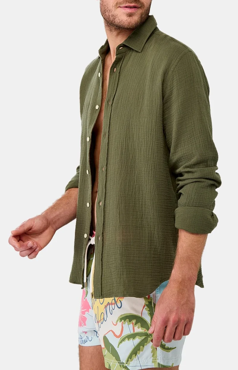 Chemise manches longues en gaze de coton - Kaki