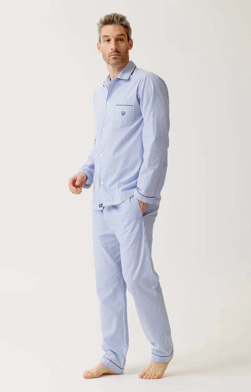 Pyjama boutonné en popeline de coton - Rayure Bleue