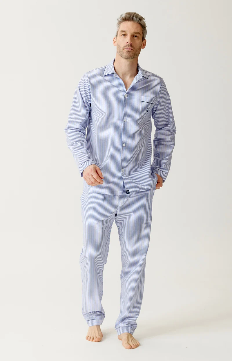 Pyjama boutonné en popeline de coton - Rayure Bleue