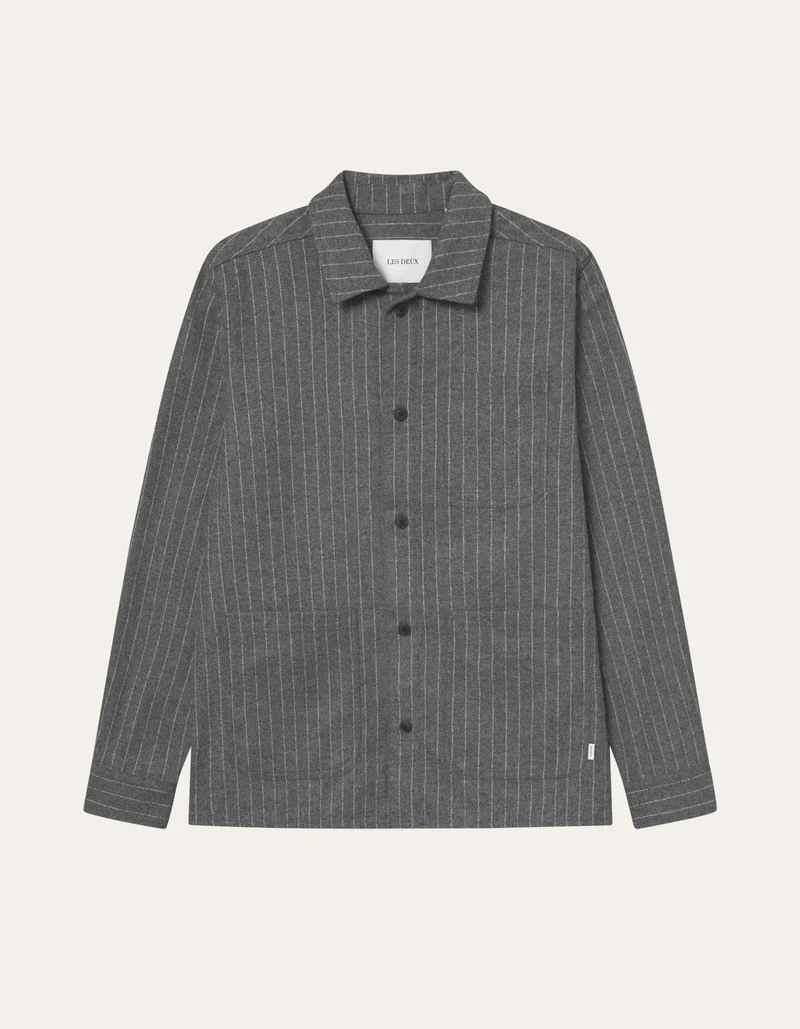Les Deux Layton Pinstripe Mouliné Overshirt Grey Mel Grey Melange