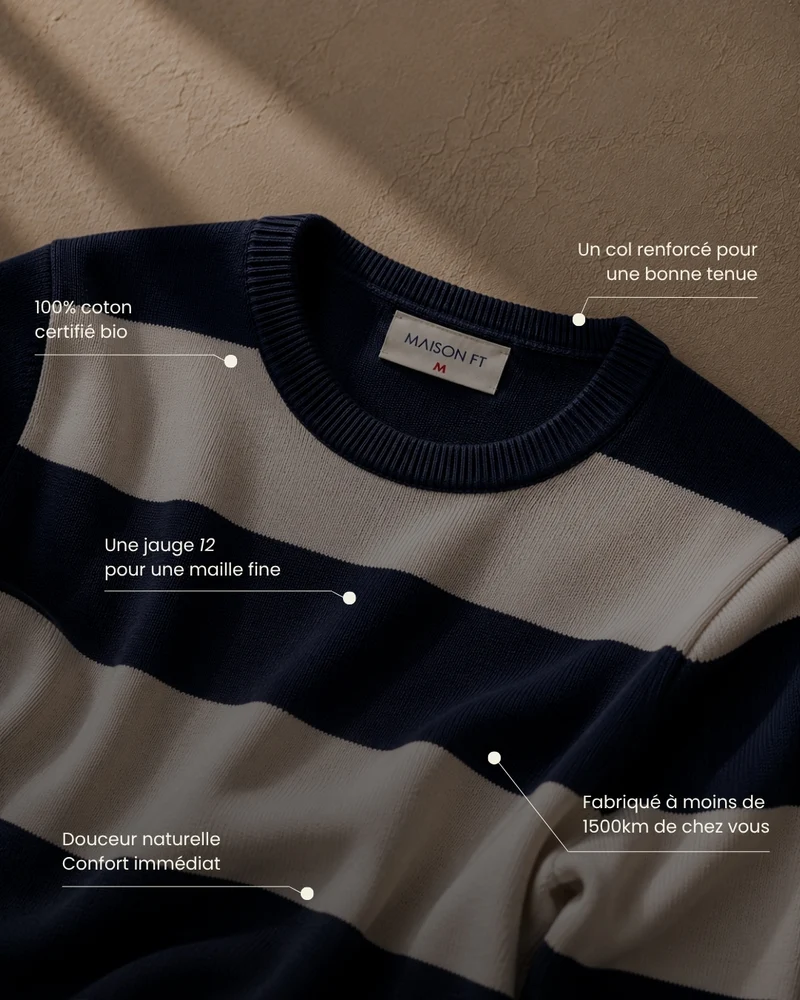 PULL GEORGES | BLEU MARINE RAYÉ BLANC | COTON BIO