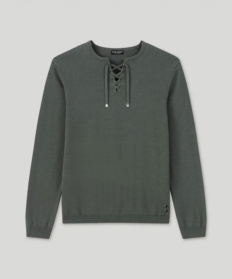 Knitted Cotton Sweater w. Drawstrings: Urban Khaki