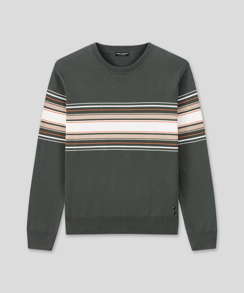 Cotton Sweater w. Placed Stripes: Urban Khaki