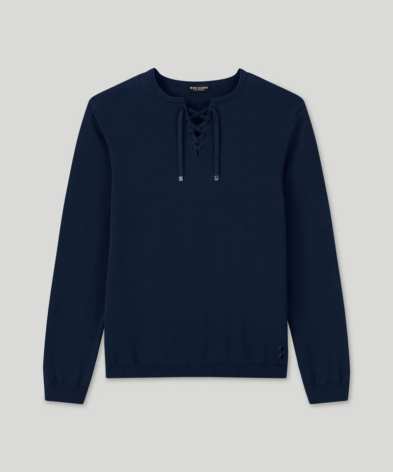 Knitted Cotton Sweater w. Drawstrings: Navy