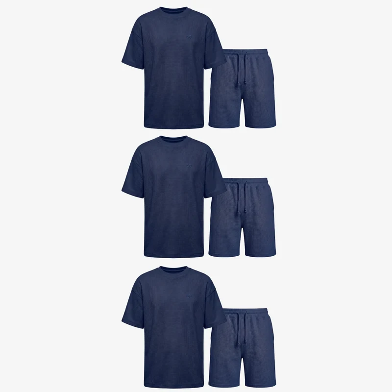 Schlafanzug Set Waffle Herren kurz | Dunkelblau