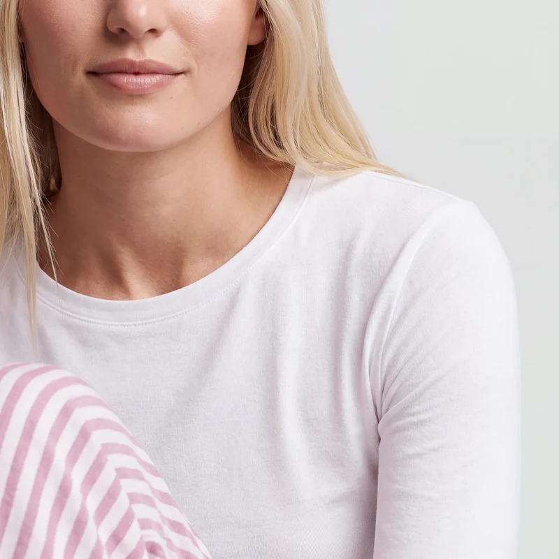 Schlafanzug Set Gestreift Damen lang | Coral Pink/Weiß