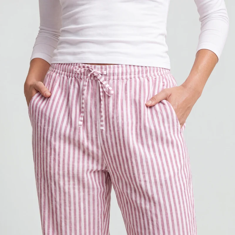 Schlafanzug Set Gestreift Damen lang | Coral Pink/Weiß