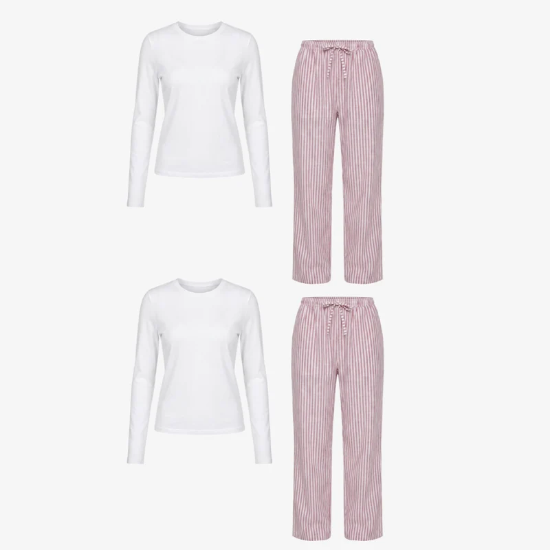 Schlafanzug Set Gestreift Damen lang | Coral Pink/Weiß
