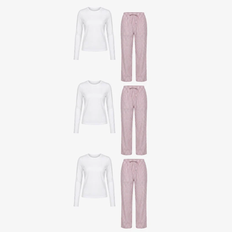 Schlafanzug Set Gestreift Damen lang | Coral Pink/Weiß