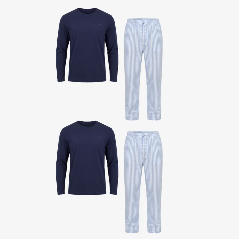 Schlafanzug Set Gestreift Herren Lang | Blue Breeze/Weiß